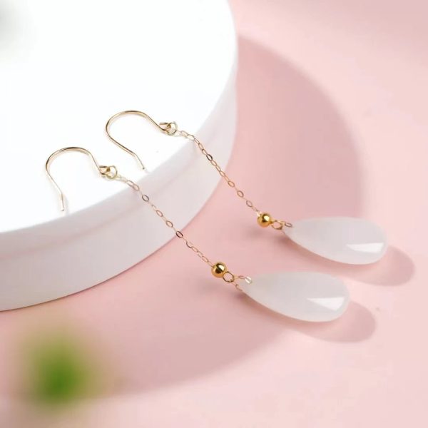 18k gold Hetian jade white jade drop earrings-218 - Image 2
