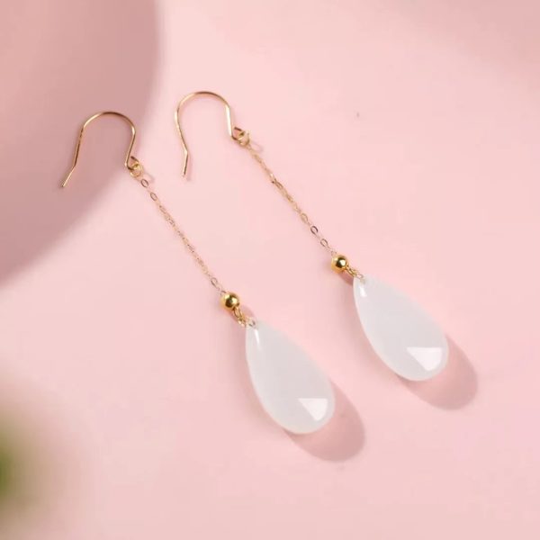 18k gold Hetian jade white jade drop earrings-218 - Image 4