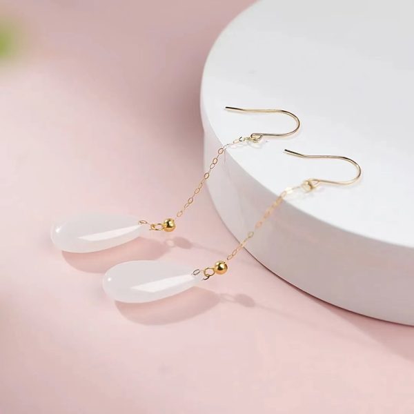 18k gold Hetian jade white jade drop earrings-218